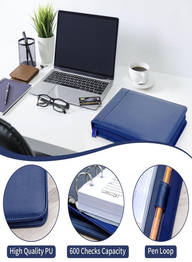 Smarpau 7 Ring PU Leather Check Binder with Zipper Pouch, Holds 600 Checks, Executive Size for 9 13 Inch Sheets, Blue - Image 3