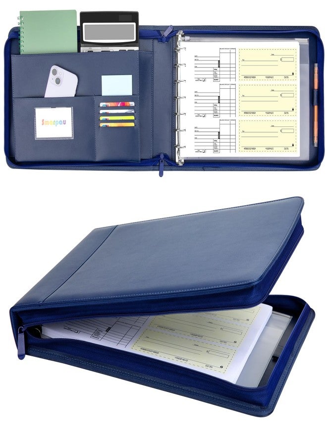 Smarpau 7 Ring PU Leather Check Binder with Zipper Pouch, Holds 600 Checks, Executive Size for 9 13 Inch Sheets, Blue - Image 1