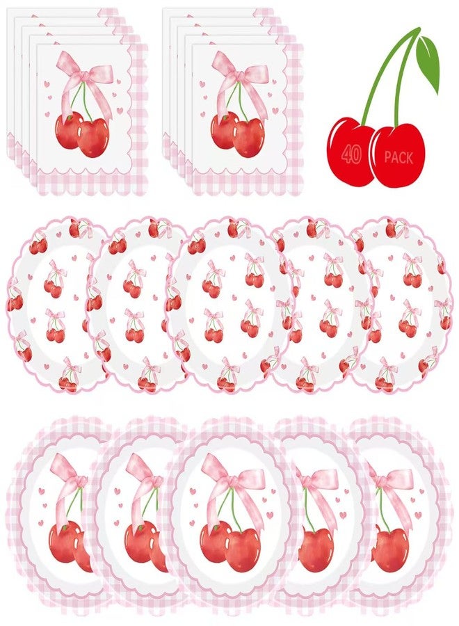Litmitfu 40 Pcs Cherry Birthday Decorations - Pink Bows Plates and Napkins Party Supplies, Disposable Scalloped Bowknot Paper Dinner Plates Napkins Sets for Fruits Cherry Table Party Decor Favors, Serves 20 - Image 1