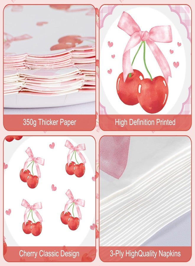 Litmitfu 40 Pcs Cherry Birthday Decorations - Pink Bows Plates and Napkins Party Supplies, Disposable Scalloped Bowknot Paper Dinner Plates Napkins Sets for Fruits Cherry Table Party Decor Favors, Serves 20 - Image 4