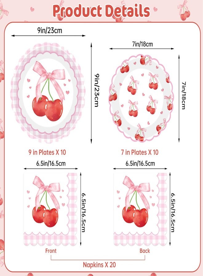 Litmitfu 40 Pcs Cherry Birthday Decorations - Pink Bows Plates and Napkins Party Supplies, Disposable Scalloped Bowknot Paper Dinner Plates Napkins Sets for Fruits Cherry Table Party Decor Favors, Serves 20 - Image 3