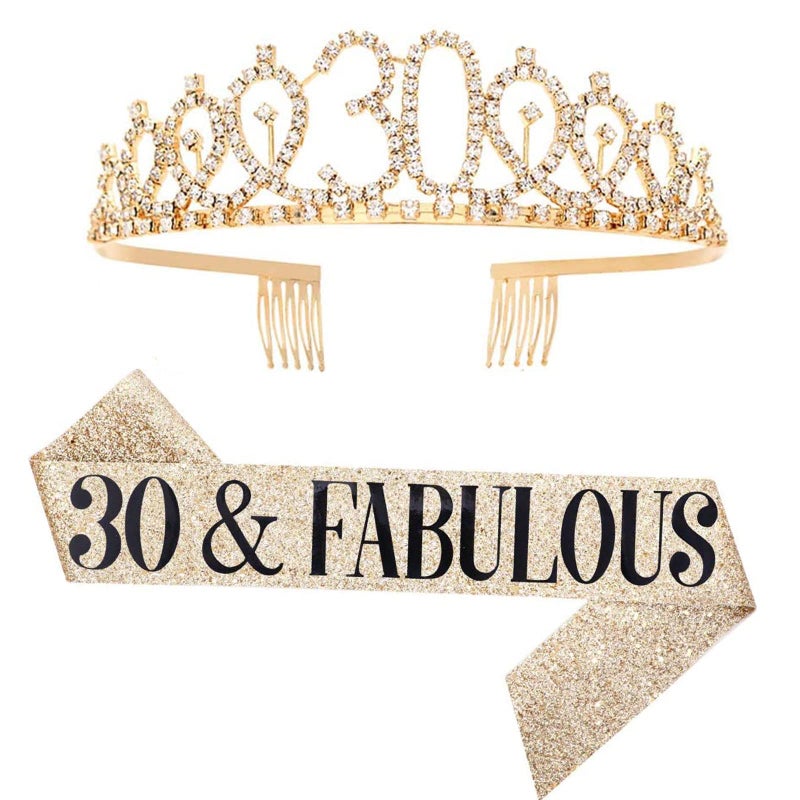 N.C NC Leixi 30 and Fabulous Sash & Rhinestone Tiara Set - 30th Birthday Gifts Birthday Sash for Women Birthday Party Supplies - Image 1