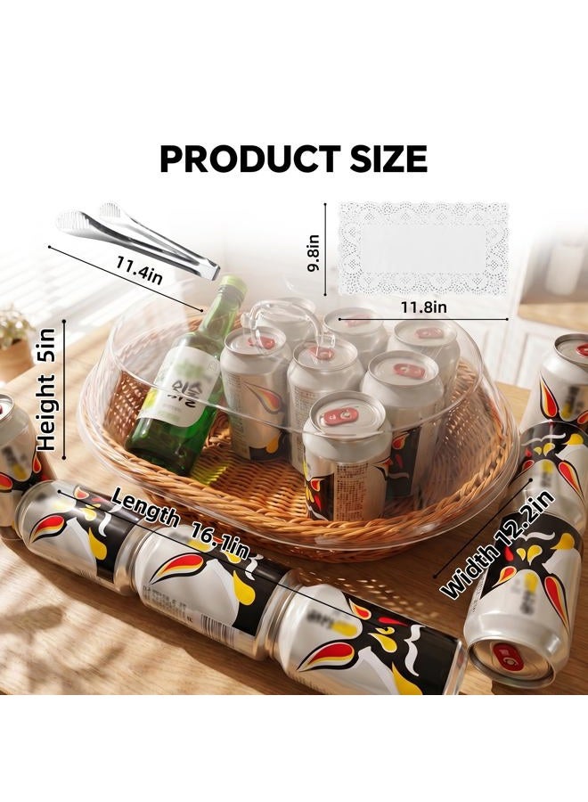 Trez Treamer Rattan Bread Baskets, 2 Pack, Oval Woven Baskets with Acrylic Lids, 15.75 x 11.81 inches, Stainless Steel Tongs, Lace Doilies, for Bread, Fruit, Food Display - Image 2