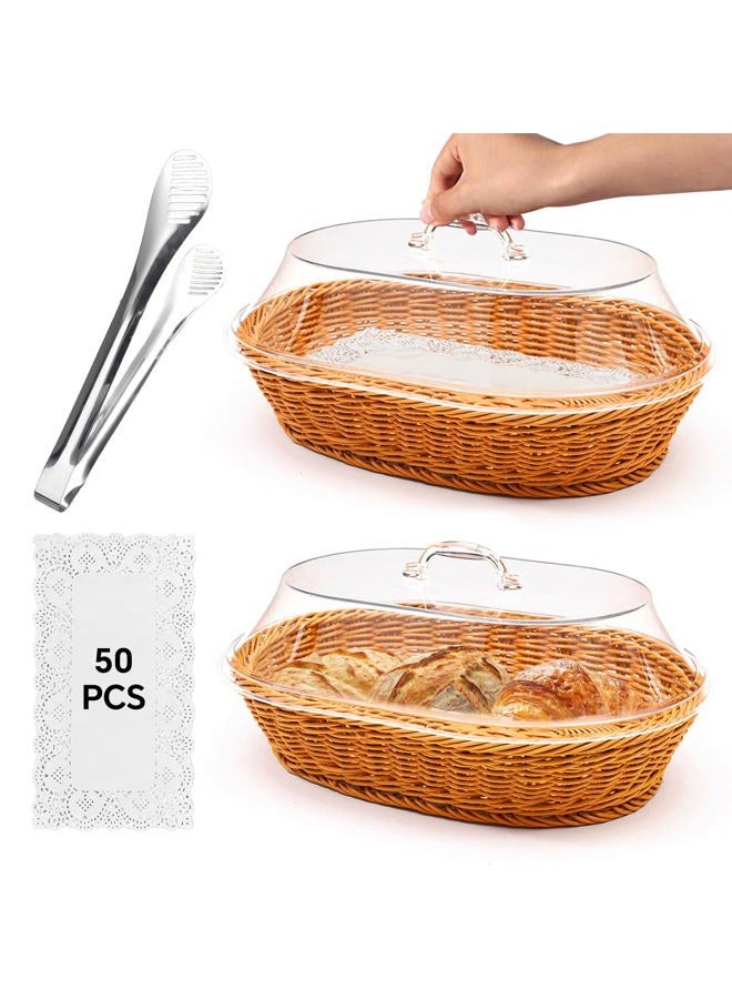 Trez Treamer Rattan Bread Baskets, 2 Pack, Oval Woven Baskets with Acrylic Lids, 15.75 x 11.81 inches, Stainless Steel Tongs, Lace Doilies, for Bread, Fruit, Food Display - Image 1