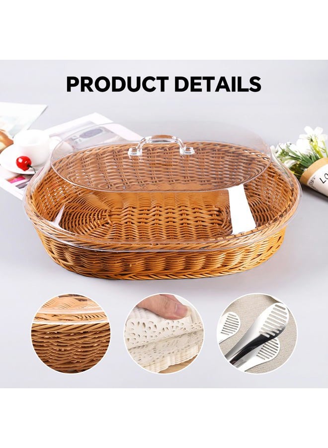 Trez Treamer Rattan Bread Baskets, 2 Pack, Oval Woven Baskets with Acrylic Lids, 15.75 x 11.81 inches, Stainless Steel Tongs, Lace Doilies, for Bread, Fruit, Food Display - Image 4