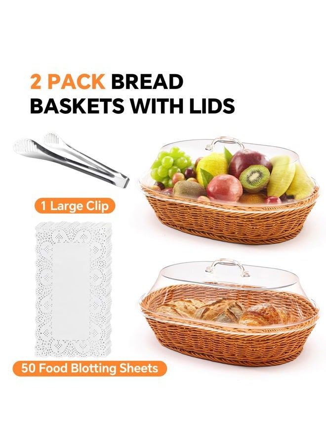 Trez Treamer Rattan Bread Baskets, 2 Pack, Oval Woven Baskets with Acrylic Lids, 15.75 x 11.81 inches, Stainless Steel Tongs, Lace Doilies, for Bread, Fruit, Food Display - Image 3