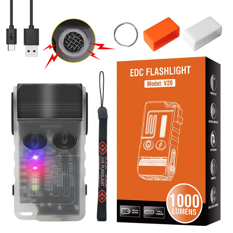 New V20 multi-function EDC flashlight 180 degree adjustment buzzer anti-wolf portable light long endurance flashlight V20 fluorescent white (main light white red)