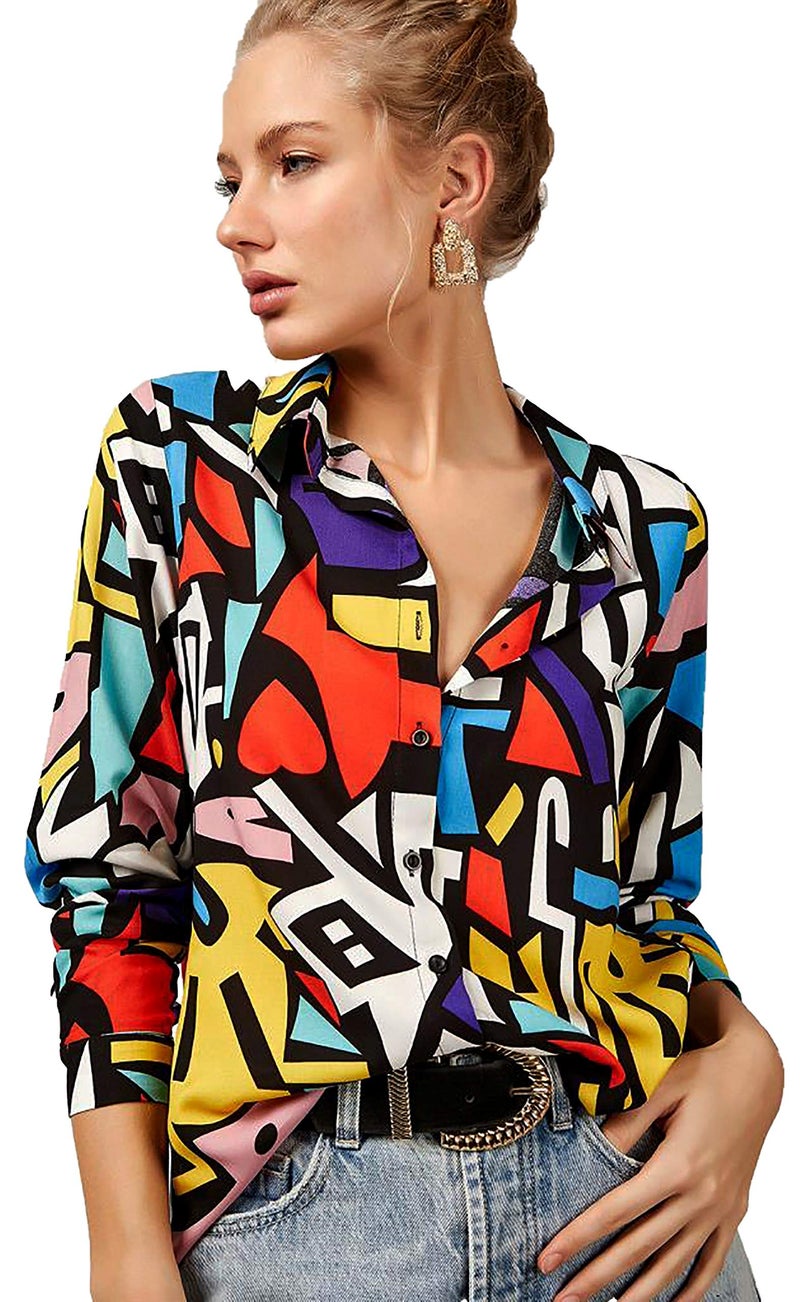 BIG DART Blouses for Women Fashion, Casual Long Sleeve Button Down Shirts Tops, XS-3XL (Red Yellow Mix Colors, X-Large) - Image 1