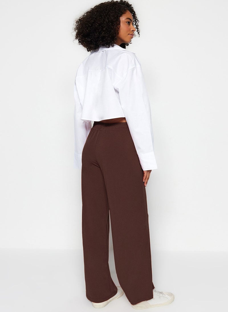 trendyol Brown Wide Leg/ Relaxed Fit High Waist Stretchy Pants Twoss23Pl00129 - Image 4