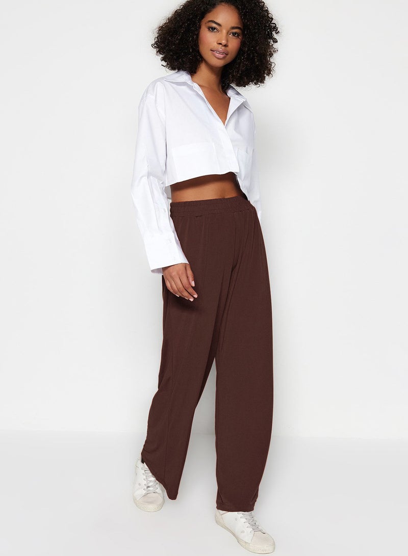 trendyol Brown Wide Leg/ Relaxed Fit High Waist Stretchy Pants Twoss23Pl00129 - Image 1