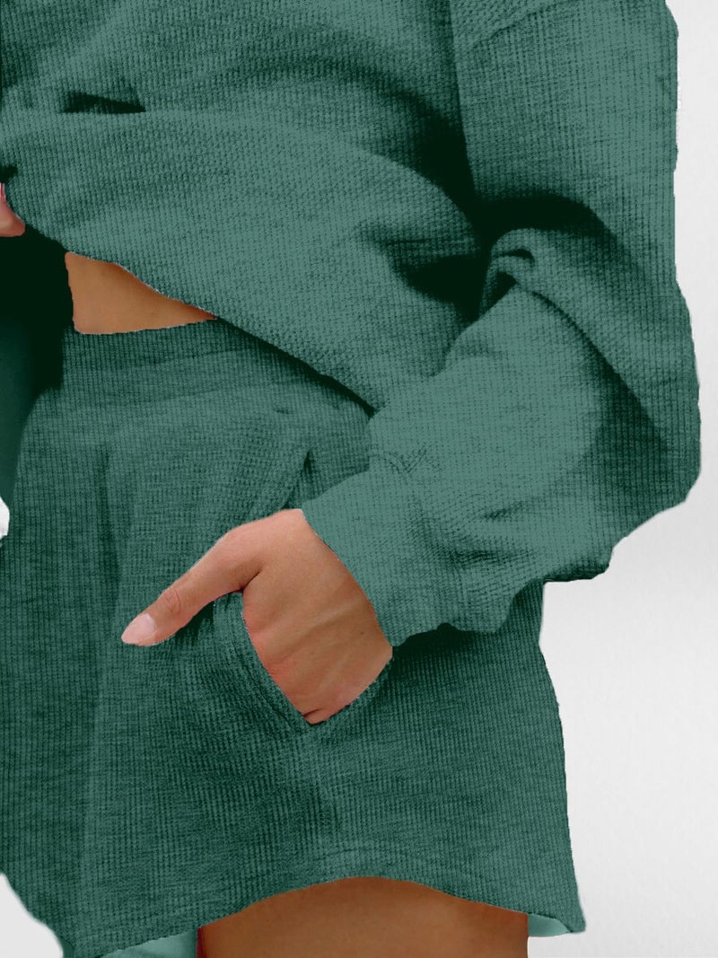 AnotherChill Women's Oversized Waffle Knit Lounge Set Long Sleeve Sweatshirt and High Waisted Shorts 2 Piece Casual Outfit (Pine-Green, Small) - Image 5