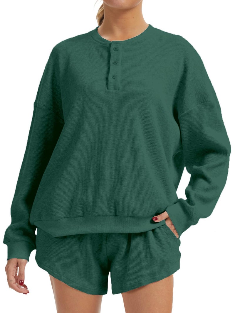 AnotherChill Women's Oversized Waffle Knit Lounge Set Long Sleeve Sweatshirt and High Waisted Shorts 2 Piece Casual Outfit (Pine-Green, Small) - Image 1