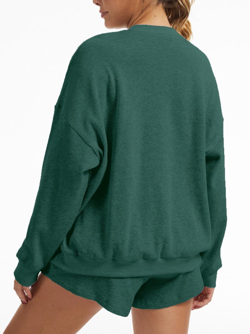 AnotherChill Women's Oversized Waffle Knit Lounge Set Long Sleeve Sweatshirt and High Waisted Shorts 2 Piece Casual Outfit (Pine-Green, Small) - Image 3