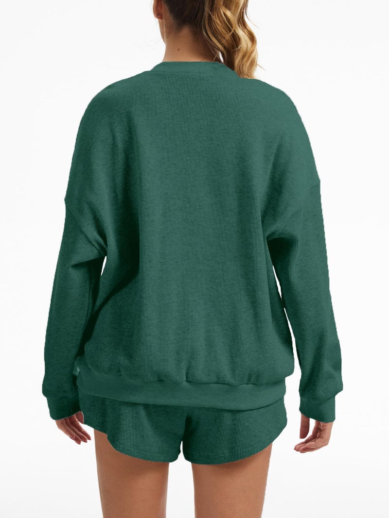 AnotherChill Women's Oversized Waffle Knit Lounge Set Long Sleeve Sweatshirt and High Waisted Shorts 2 Piece Casual Outfit (Pine-Green, Small) - Image 4