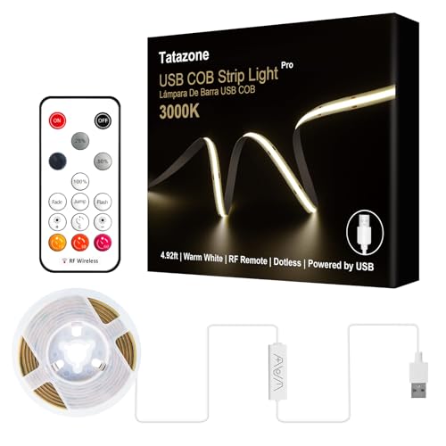 Tatazone 5V USB COB Led Strip Light with RF Remote, 4.92ft 3000K CRI93+ Dimmable USB Powered COB Led Light Strip, Indoor COB Led Light for Cabinet, TV, Camping, Monitor, Showcase, Motorhome - Image 1