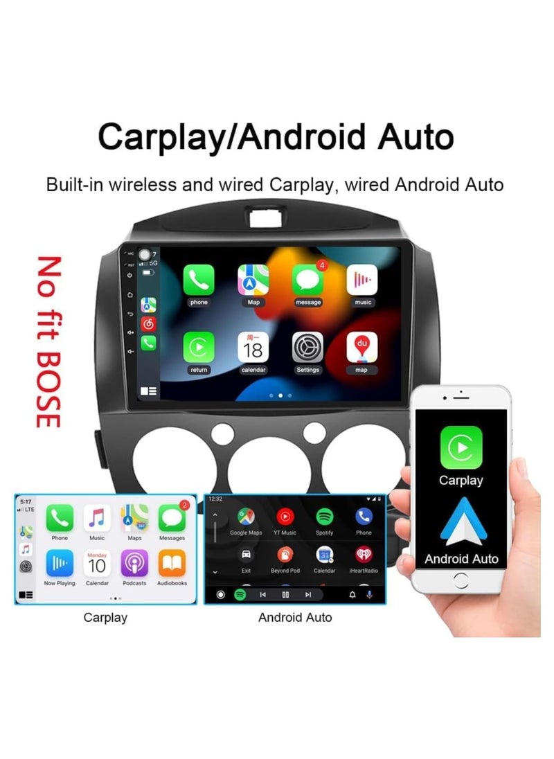 Vierex - Android Car Stereo Screen For Mazda 2 Radio 2007-2014 Support Apple Carplay Android Auto Wireless 4GB RAM QLED Touch Screen DSP Bluetooth AHD Camera Included USB Video WiFi GPS - Image 1