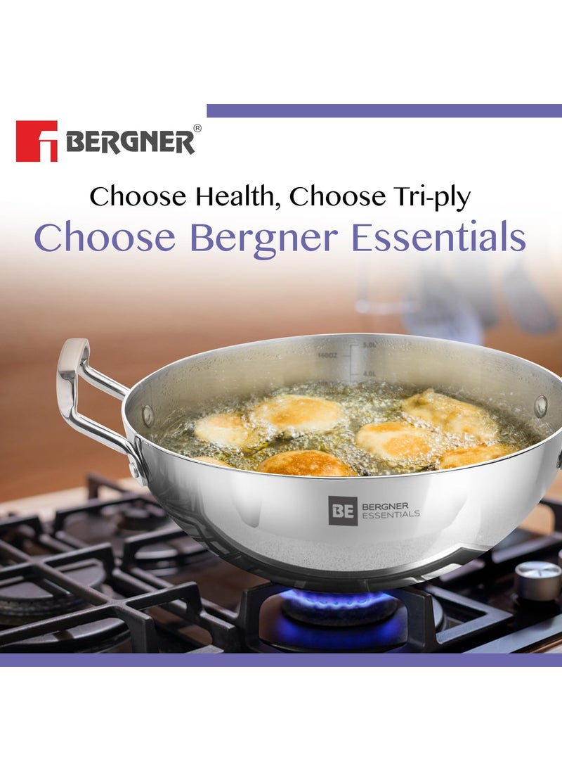 BERGNER - BERGNER BE Essentials TriPly Stainless Steel 18cm Extra Deep Kadai/Indian Wok, 1 L Kadhai, Even Heat Distribution, Consumes Less Oil, Easy to Clean, Gas Stove Compatible, 5-Year Warranty - Image 1