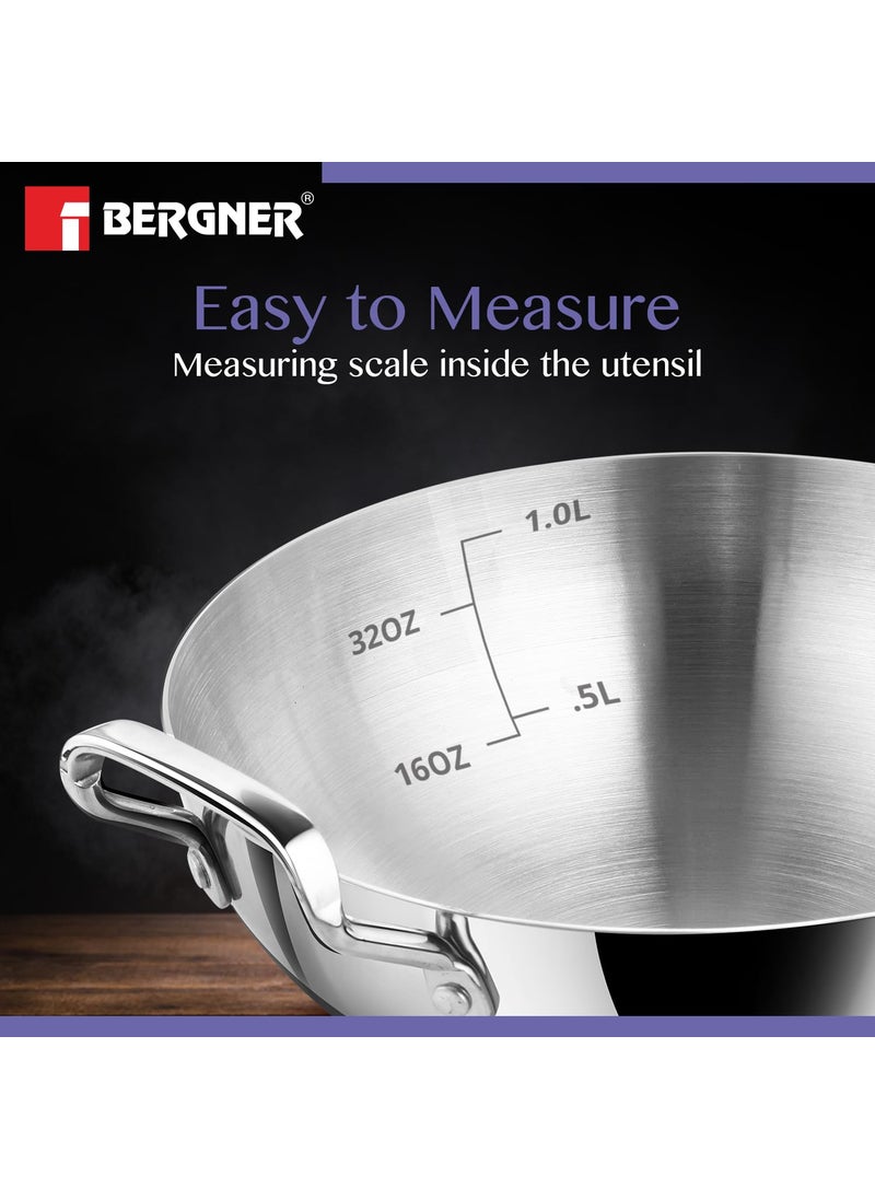 BERGNER - BERGNER BE Essentials TriPly Stainless Steel 18cm Extra Deep Kadai/Indian Wok, 1 L Kadhai, Even Heat Distribution, Consumes Less Oil, Easy to Clean, Gas Stove Compatible, 5-Year Warranty - Image 1
