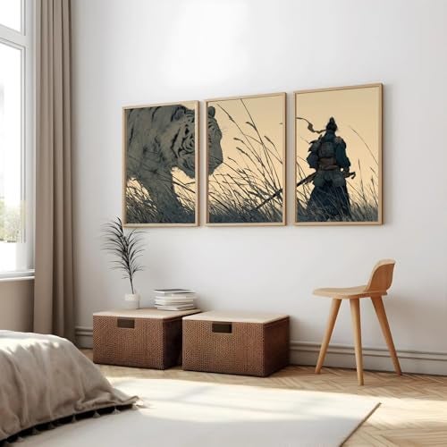 Gamya Framed Japan Samurai Theme Wall Painting Posters For Office, Living Room, Bedroom Wall Decor - Japanese Japandi Samurai Aesthetic Room Decor (Tiger & Samurai (B), 19x29 Inches, Framed) - Image 1