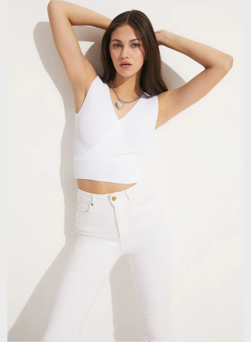 JUNE Surplice Neck Ribbed Crop Top