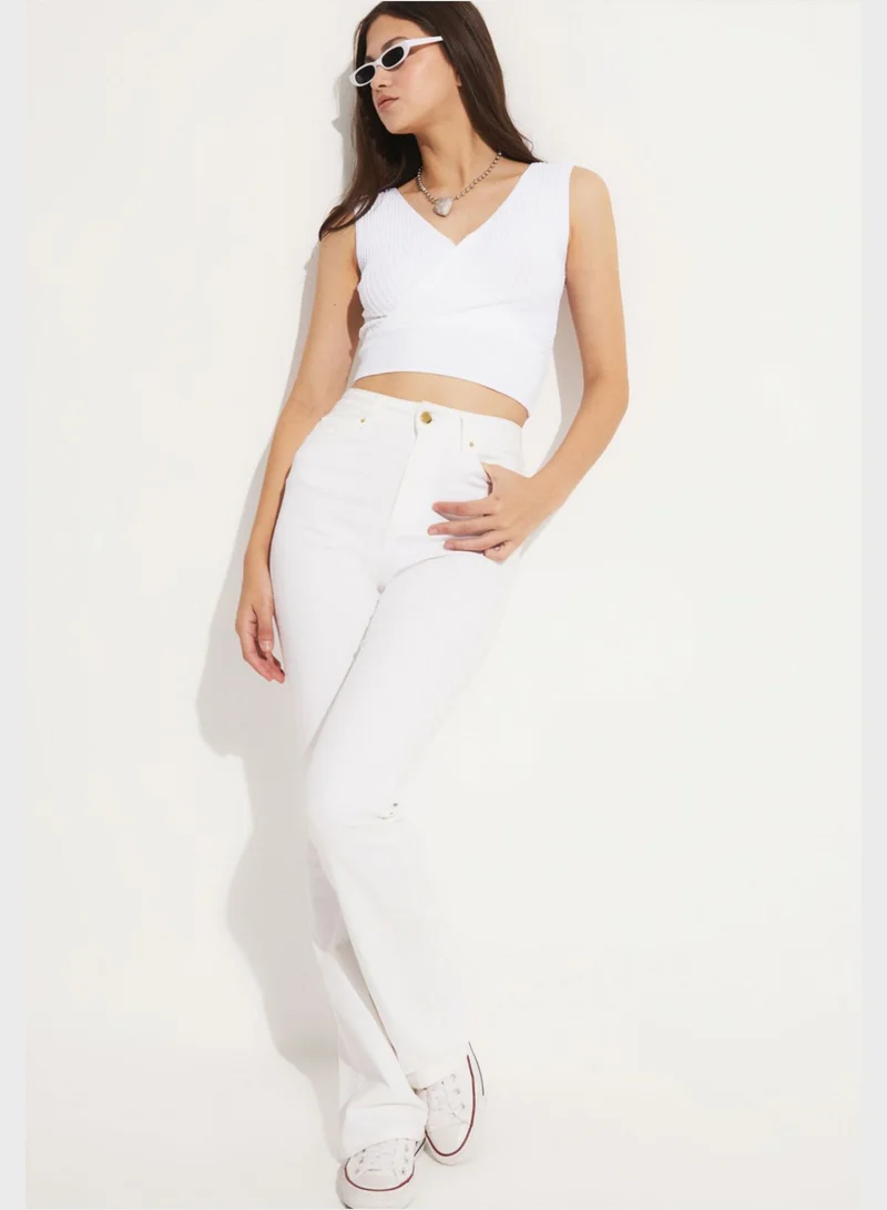 JUNE Surplice Neck Ribbed Crop Top