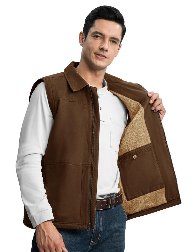 Rdruko Men's Fleece Vest Winter Outerwear Brown Warm Sherpa Lined Casual Work Vest, Brown, M - Image 2