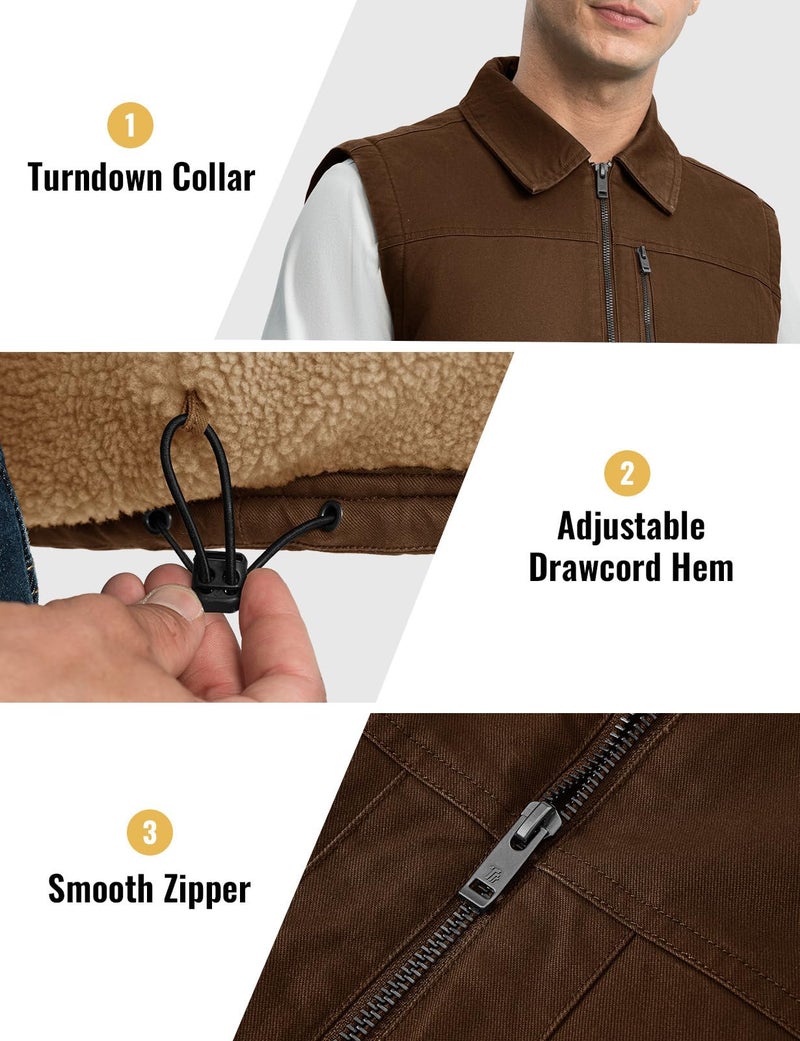 Rdruko Men's Fleece Vest Winter Outerwear Brown Warm Sherpa Lined Casual Work Vest, Brown, M - Image 5