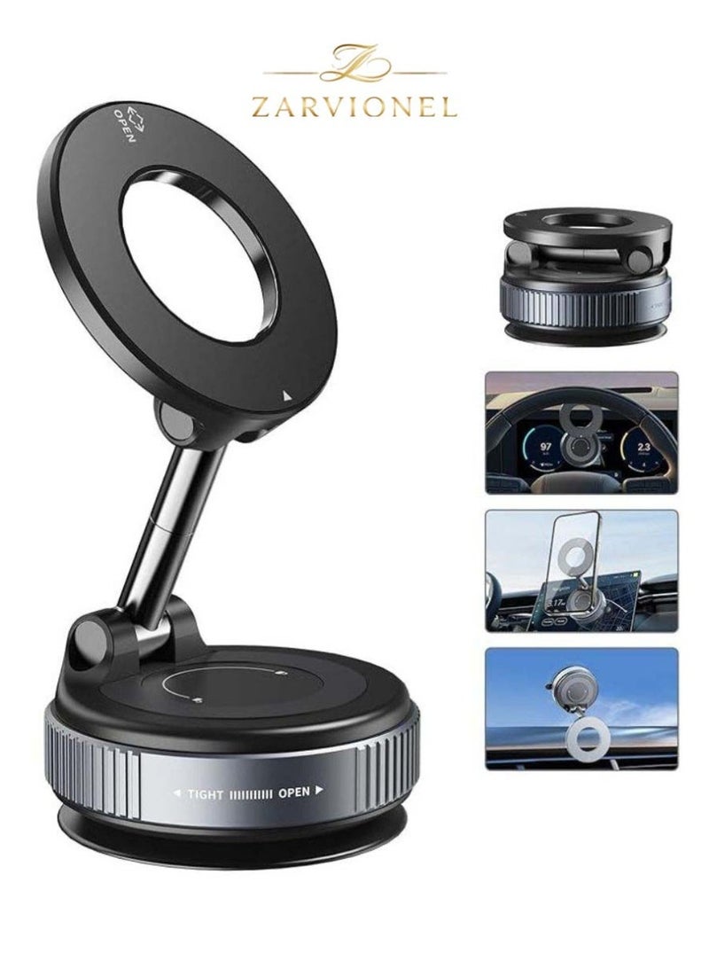 ZARVIONEL Magnetic Car Phone Holder, 360° Rotatable Foldable Phone Mount with Vacuum Suction Cup and Magnetic Ring, Universal Car Mobile Holder for Dashboard, Desk, Mirror and Smooth Surface - Image 1