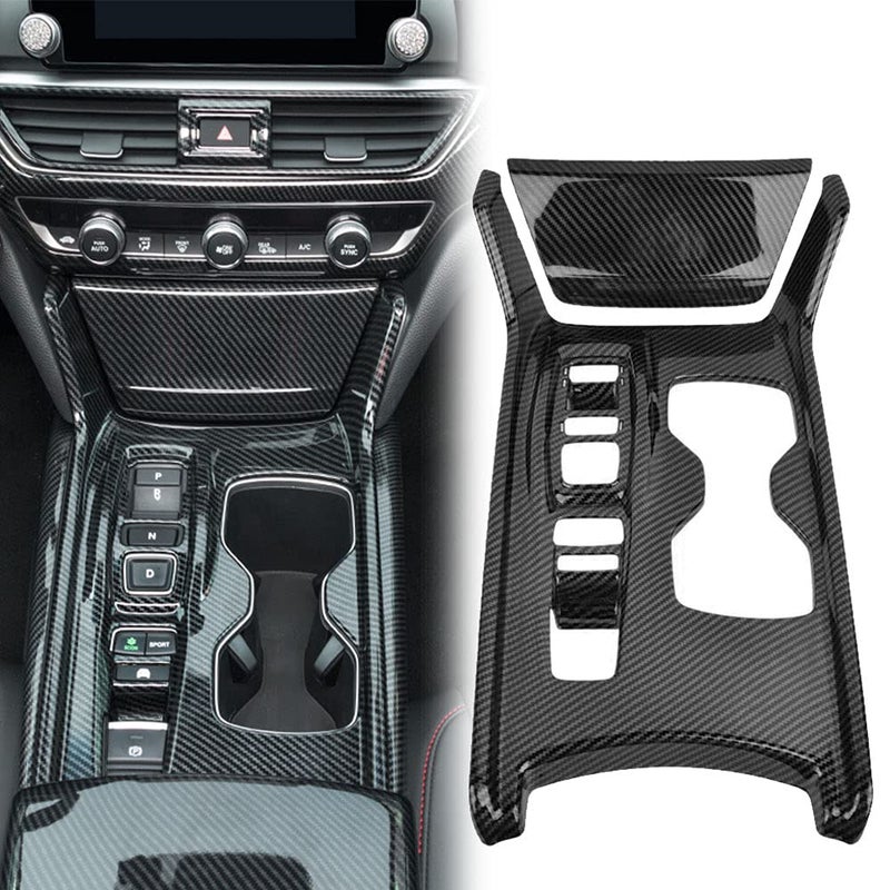 LEXLEY 2Pcs Carbon Fiber Style Gear Shift Frame Console Panel Trims Cover Cup Holder Decor Decal Compatible with Honda Accord Hybrid 2018 2019 2020 2021 2022Not Fit Gas Without gear lever
