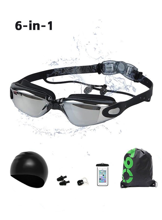 Swimming Goggles, Professional Leak-proof and Fog-proof, Electroplating, with Swim Cap, Nose Clip, Ear Plugs, Mobile Phone Waterproof Bag and Swim Bag, Suitable for Adult Men, Women, Youth, Black 6-in-1