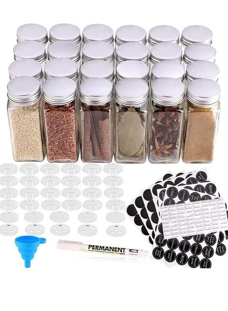 Relex 24 Pcs Glass Spice Jars with Black Printed Spice Labels - 4oz Empty Square Spice Bottles - Shaker Lids and Airtight Metal Caps - Silicone Collapsible Funnel  - Image 1
