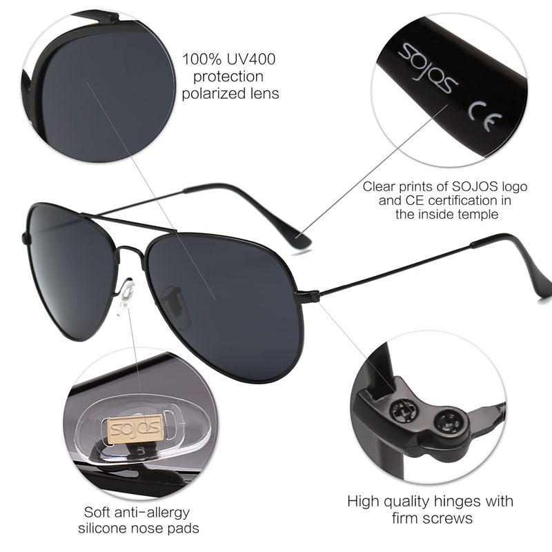 SOJOS Classic Aviator Polarized Sunglasses for Men Women Vintage Retro Style,Black/Grey,62mm - Image 4