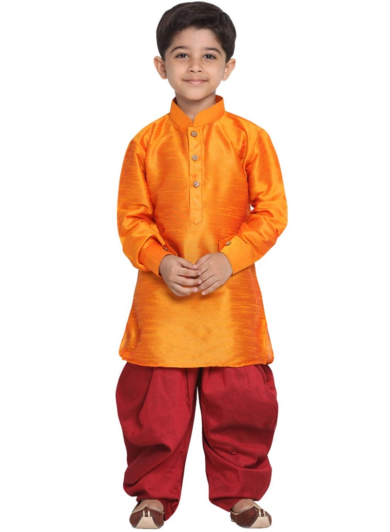 JBN Creation Vastramay Boy's Cotton Silk Blend Pathani Style Kurta and Patiyala Dhoti Set (Orange, 6-7 Years, VASnBUK001ORnCDMA) - Image 1