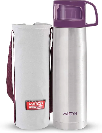 Milton Milton Glassy 350 Thermosteel 24 Hours Hot and Cold Water Bottle with Drinking Cup Lid, 350 ml, Purple | Leak Proof | Office Bottle | Gym Bottle | Home | Kitchen | Hiking | Trekking | Travel Bottle Purple