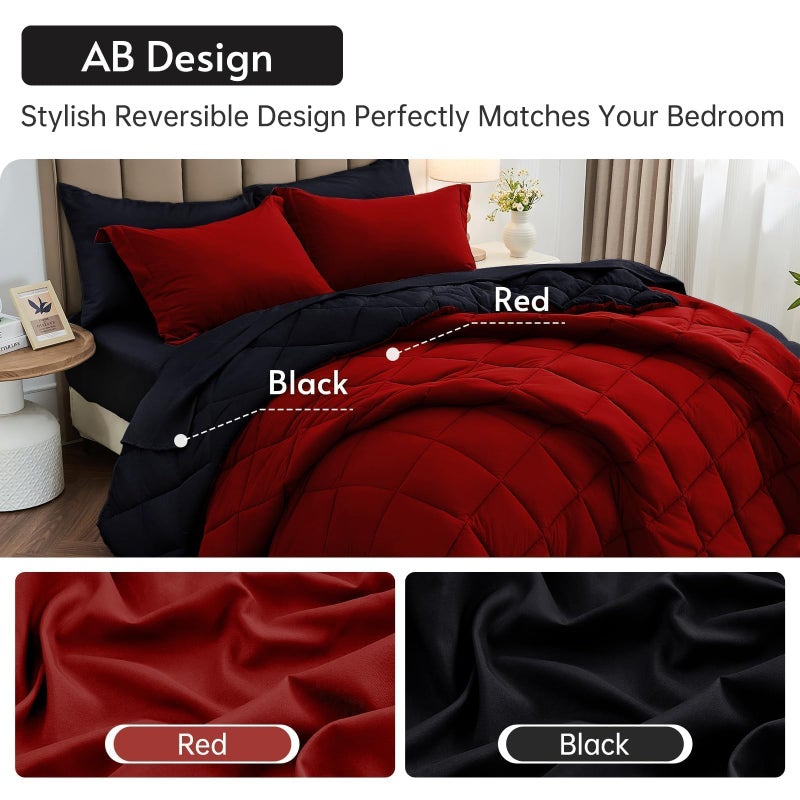 MUXHOMO 7 Pieces King Comforter Set, Reversible Bed in a Bag King Size, All Season Bedding Set with Comforter, Flat Sheet, Fitted Sheet, Pillowcases & Shams, Red & Black - Image 3
