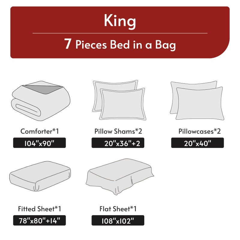 MUXHOMO 7 Pieces King Comforter Set, Reversible Bed in a Bag King Size, All Season Bedding Set with Comforter, Flat Sheet, Fitted Sheet, Pillowcases & Shams, Red & Black - Image 5