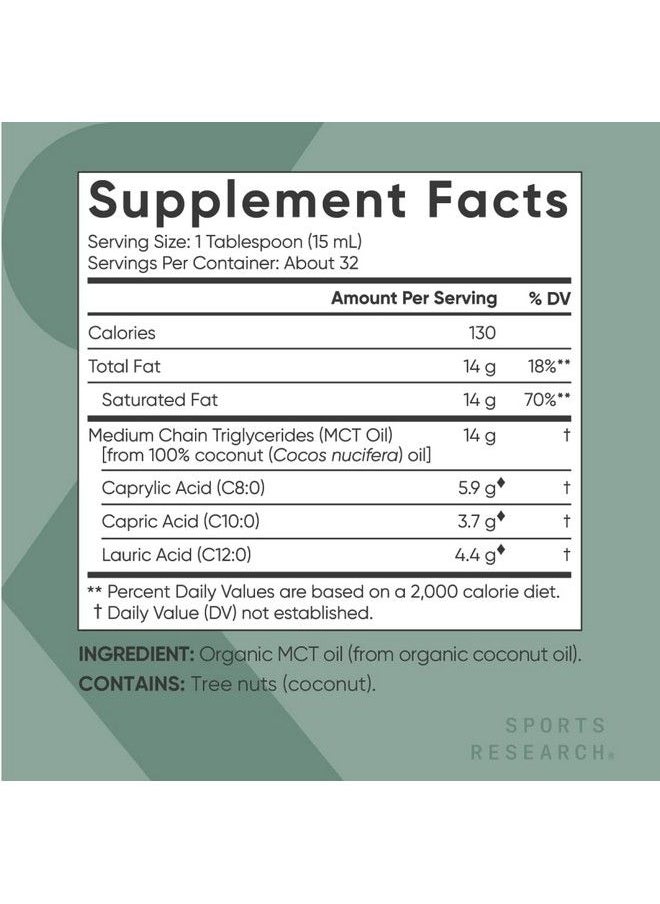 SPORTS RESEARCH - Organic Mct Oil Keto & Vegan Mcts C8 C10 C12 From Coconuts Fatty Acid Brain & Body Fuel Non Gmo & Gluten Free Flavorless Oil Perfect In Coffee Tea & Protein Shakes 16 Oz - Image 1