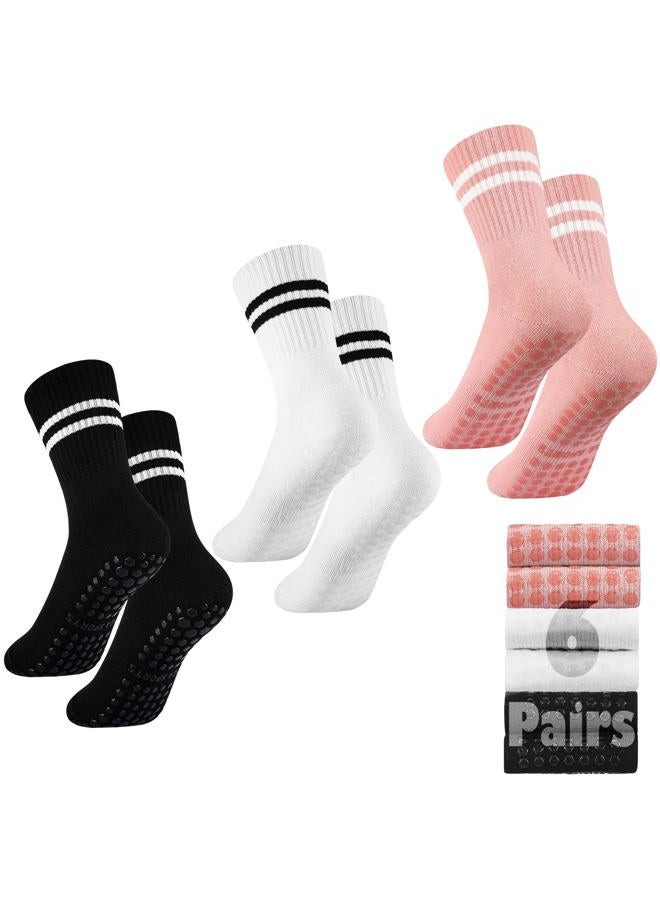Handepo 6 Pairs Women Long Pilates Socks Yoga Sock with Grips Non Slip Long Socks for Barre Yoga Ballet Dance Household Fitness Pilates Stripe Socks - Image 1