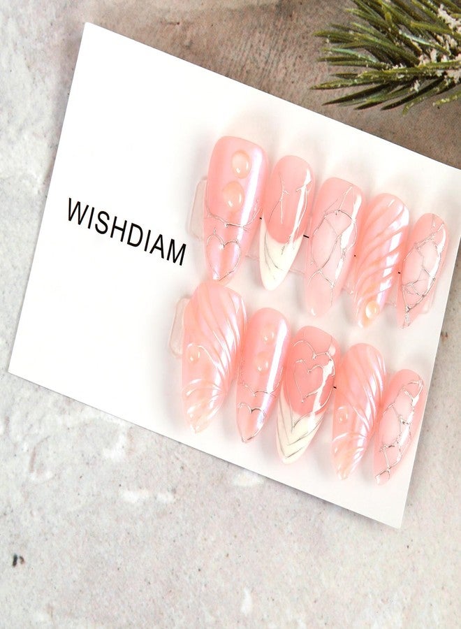 WISHDIAM Handmade 10pcs Water Ripple Pink Orange 3D Stereoscopic Reusable Gel Nails - Custom Made Thick Acrylic Almond Stronger Fake Nails - Gifts for Women/Girls (Pink Ripple, M) - Image 4