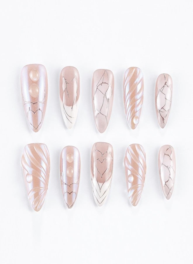 WISHDIAM Handmade 10pcs Water Ripple Pink Orange 3D Stereoscopic Reusable Gel Nails - Custom Made Thick Acrylic Almond Stronger Fake Nails - Gifts for Women/Girls (Pink Ripple, M) - Image 1