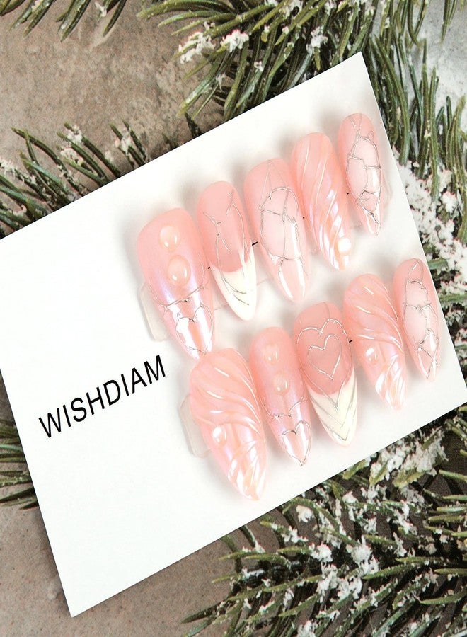 WISHDIAM Handmade 10pcs Water Ripple Pink Orange 3D Stereoscopic Reusable Gel Nails - Custom Made Thick Acrylic Almond Stronger Fake Nails - Gifts for Women/Girls (Pink Ripple, M) - Image 3
