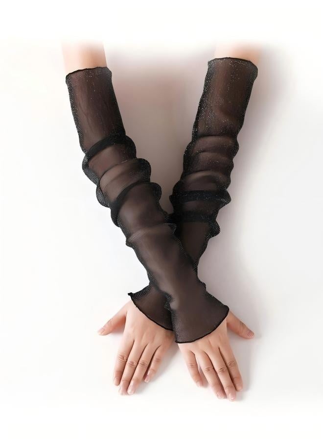 زوج واحد من قفازات نسائية طويلة رفيعة للغاية من الدانتيل للحماية من أشعة الشمس فوق البنفسجية، أكمام واقية من الشمس من التول الشبكي المبرد، قفازات بدون أصابع للاستخدام الداخلي والخارجي - أسود 50 سم - Image 1