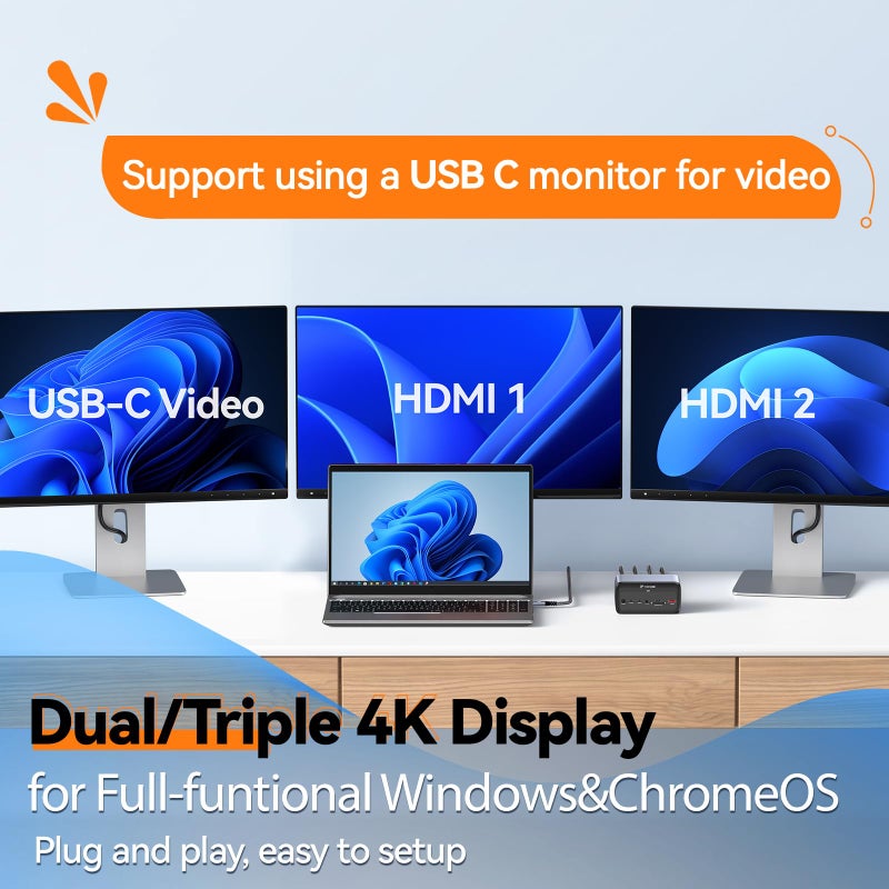 TobenONE Docking Station 3 Monitors, Triple Monitor Docking Station with Single 8K USB-C Video, Dual 4K HDMI, 10Gbps USB A/C, PD 3.0, 100W Power Supply, USB C Dock for Windows/ChromeOS, Dell, HP, ASUS - Image 3