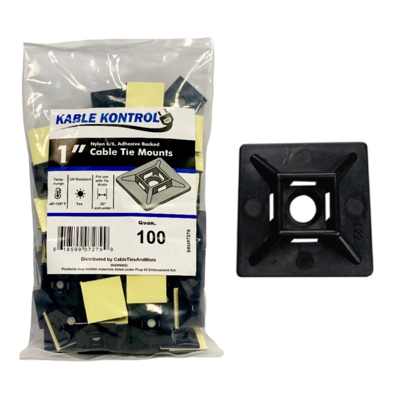 Kable Kontrol Zip Tie Mounts 1 Sq Black 100 Pcs Adhesive Backed Multi-Purpose Uv-Resistant Mounting Squares Nylon Cable Tie Wrap Anchor Pads For Cable Management - Image 1