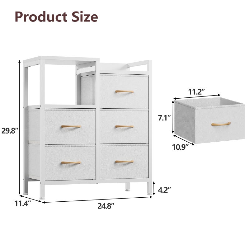 Furnulem 5 Drawer White Dressers for Bedroom 2 Tier Shelf Storage Small Fabric Dresser for Closet Sturdy Metal Frame Modern Style Storage Cabinets Organization Units for Hallway Rooms - Image 2