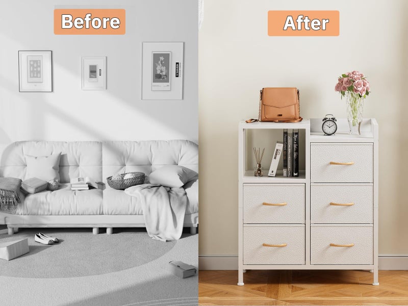 Furnulem 5 Drawer White Dressers for Bedroom 2 Tier Shelf Storage Small Fabric Dresser for Closet Sturdy Metal Frame Modern Style Storage Cabinets Organization Units for Hallway Rooms - Image 3