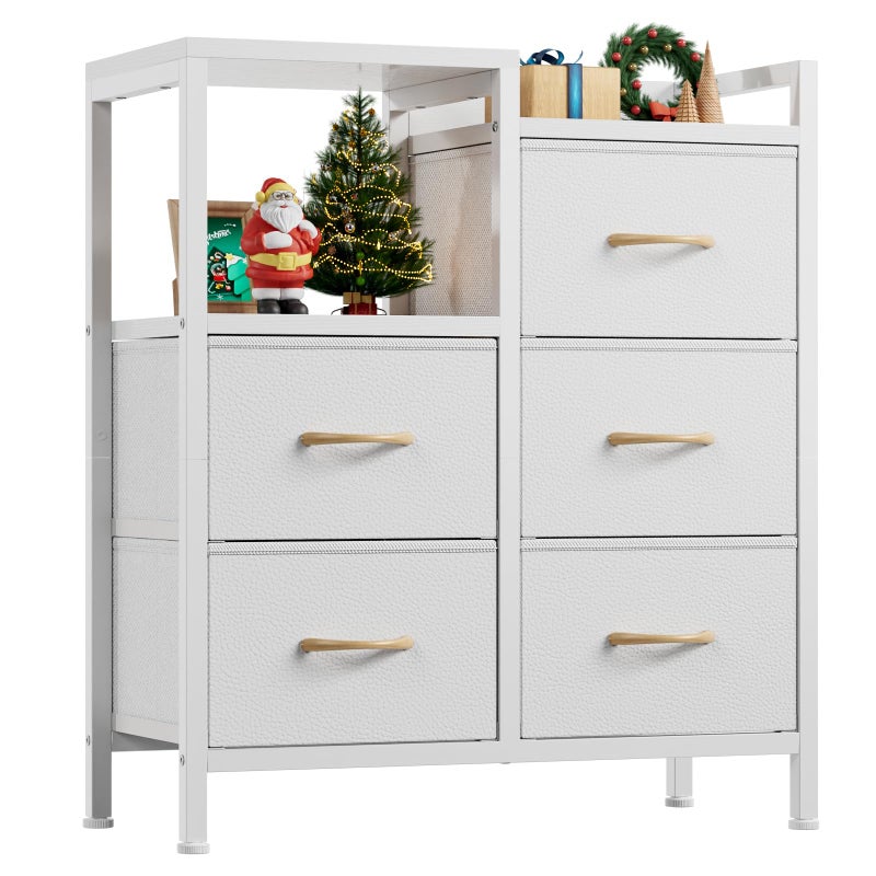 Furnulem 5 Drawer White Dressers for Bedroom 2 Tier Shelf Storage Small Fabric Dresser for Closet Sturdy Metal Frame Modern Style Storage Cabinets Organization Units for Hallway Rooms - Image 1
