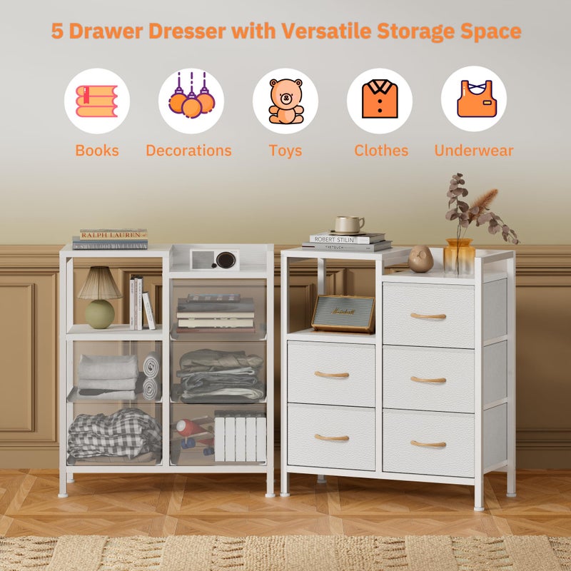 Furnulem 5 Drawer White Dressers for Bedroom 2 Tier Shelf Storage Small Fabric Dresser for Closet Sturdy Metal Frame Modern Style Storage Cabinets Organization Units for Hallway Rooms - Image 4
