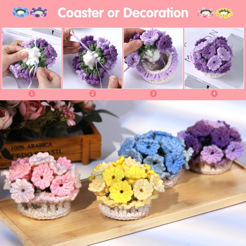 Iuuidu Crochet Kit for Beginners-4PCS Coaster Flower Pot Crochet Kits Coaster Crochet Starter Kit with Crochet Yarns,Hooks, Easy Videos Tutorials to Crochet for Office, Coffee Table, Home Decor - Image 5