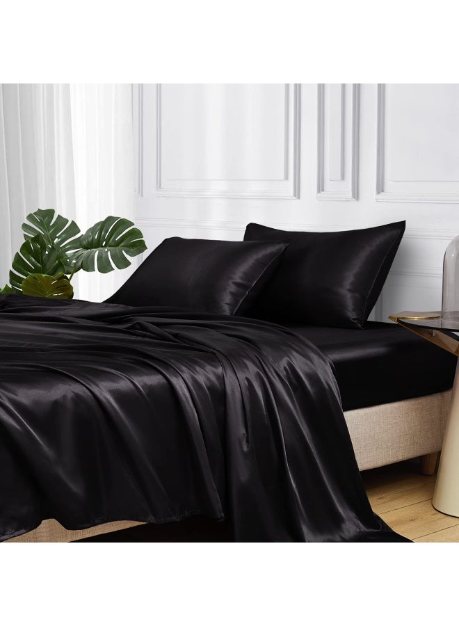 MR&HM مجموعة ملاءات سرير ساتين بحجم كوين 4 قطع مع حزام زاوية مرن وعمق 15 بوصة للمMattress كوين أسود - Image 1